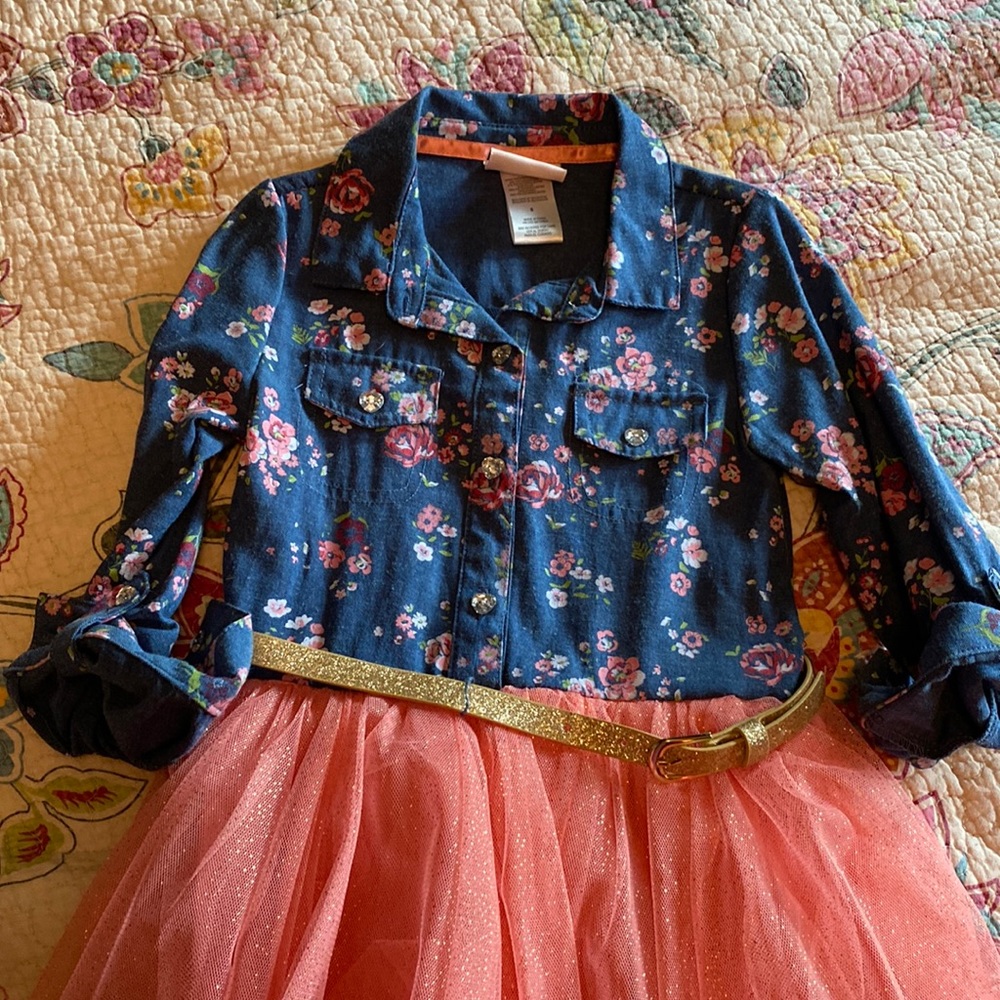 Girls floral belted dress with tulle